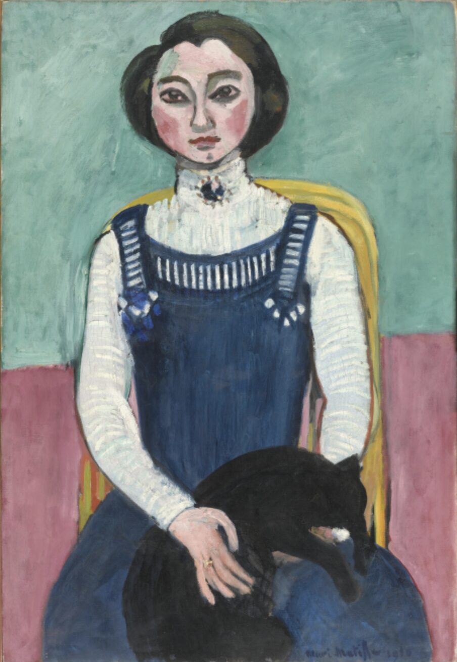 Henri Matisse Marguerite au chat noir&nbsp;: Marguerite est au centre du tableau, assise, tenant un chat noir.